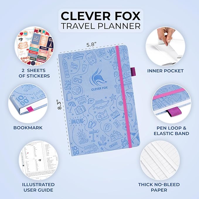 Clever Fox Travel Journal – Vacation & Trip Organizer with Budget Plan, Packing List, Travelling Expense Tracker, A5 (Periwinkle)