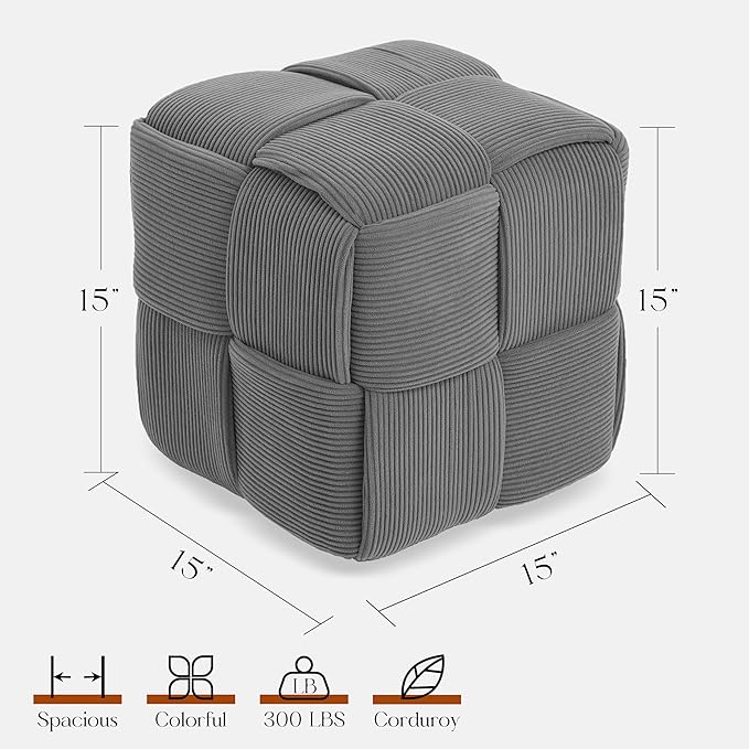 Ottoman Foot Rest Soft and Comfortable Ottoman Square Corduroy Woven Design Sofa Stool (Grey)