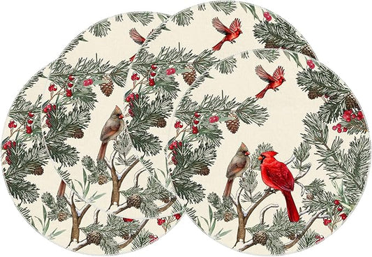 XCHI Cardinal Birds Winter Pine Tree Christmas Xmas Round Placemats Set of 4 Table Mats for Party Home Kitchen Dining Table Decorations 14x14 Inch