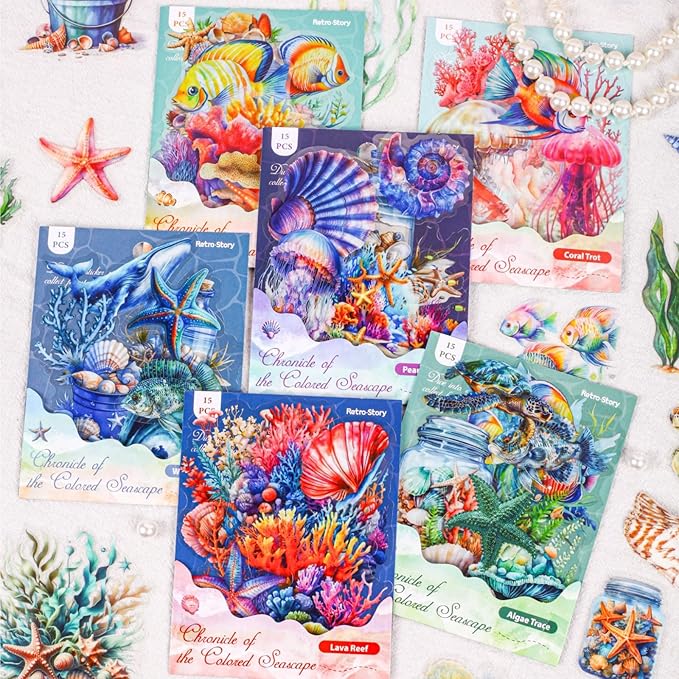 90 Pieces Ocean World Themed PET Sticker, Jellyfish Turtles Whales Dolphins Seahorses Sticker for Scrapbook DIY Crafts Planner Water Bottles Laptops