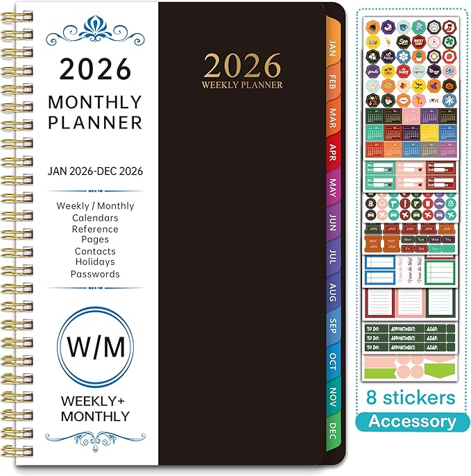 2026 WeeklyMonthlyand Yearly Planning Calendar with 8 Stickers, 6" x 8.25" Planner, Softcover, Spiral Bound, Laminated Labels (Black)