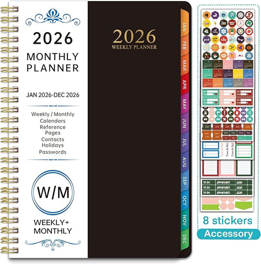 2026 WeeklyMonthlyand Yearly Planning Calendar with 8 Stickers, 6" x 8.25" Planner, Softcover, Spiral Bound, Laminated Labels (Black)