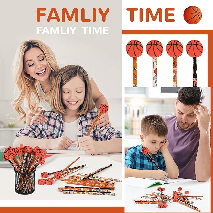 48pack Gifts Basketball Pencils and Erasers Stationery Pencils for Students Office School Classroom Rewards Supplies (basketball2)