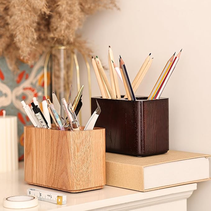 Oak Solid Wood Pen &Pencil Holder for Desk, Office Stationery Organizer, Table Pencil Cup Stand,Desk Accessories Holder, Two Cups Practical Design. (Nature Oak)