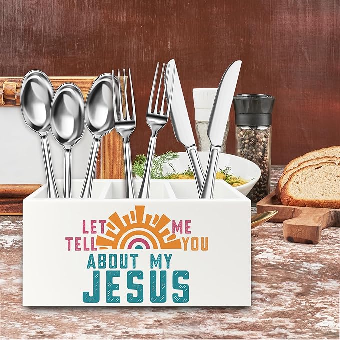 Boho Jesus Christian Pen Pencil Holder Organizer for Desk, Let Me Tell You about My Jesus Bible Verse Wooden Box Signs Decorations for Home Office Desk Tabletop