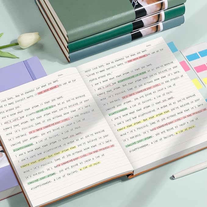 EMSHOI A4 College Ruled Notebook Journal- 400 Pages (200 sheets), 7mm Spacing & Vegan Leather Cover for Work, School, Bible Study, Bullet Journaling- with Sticky Notes, Pocket & Pen Holder- Purple