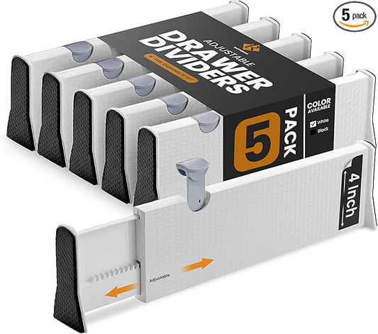 RAPTUROUS Adjustable Drawer Dividers, 4" Tall, Expandable 11-17", 5-Pack, Non-Slip for Dresser, Closet, Kitchen, Nursery, and Office (White)