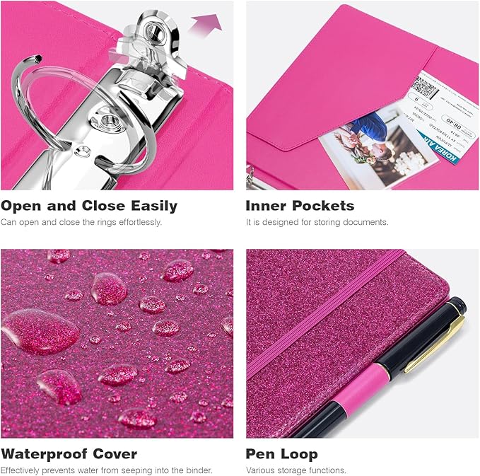 Ospelelf 3 Ring Binder 1 Inch, Vintage Leather Clipboard Binders, Binder Organizer Dividers with Tabs for Letter Size, Professional Office Portfolio, Glitter Pink