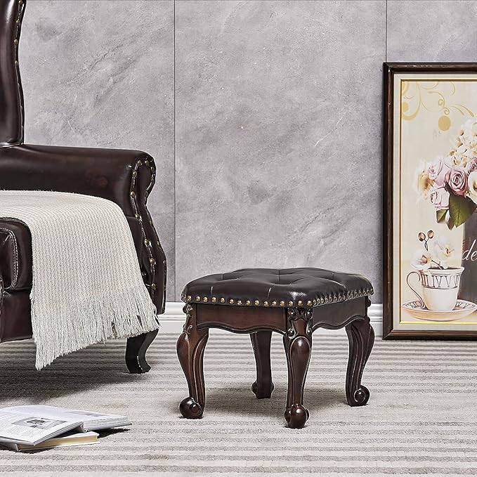 Foot Stool Ottoman Foot Rest Microfiber Leather Upholstered Footstool for Sofa, Living Room, Entryway, Solid Wood Stool (Dark Brown)