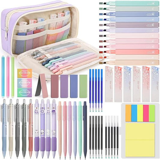 61 PCS Aesthetic School Supplies with Cute Pen Case, Pastel Highlighters, Gel & Erasable Pens, Mechanical Pencils, Refills, Complete Essentials Stationery Kit for Students (Purple)