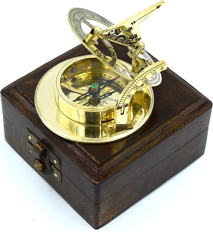 SARA NAUTICAL Antique Brass Sundial Compass, Sundial Clock in Box Gift Sun Clock Ship Replica Watch,Ship Decorations