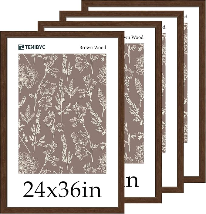 24x36 Poster Frame - 4 Pack, Brown Wood Picture Frame, Suitable for Photos, Puzzles, Paintings & Maps, Wall Hanging