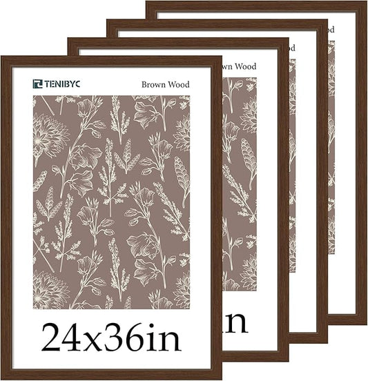 24x36 Poster Frame - 4 Pack, Brown Wood Picture Frame, Suitable for Photos, Puzzles, Paintings & Maps, Wall Hanging