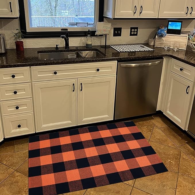 Fall Décor Orange and Black Plaid Rug, 2'4" x 3'7" Fall Outdoor Front Door Decorative Mat, Hand-Woven Rug for Layered Door Mats Washable Carpet for Porch, Entryway, Farmhouse, Autumn, Halloween