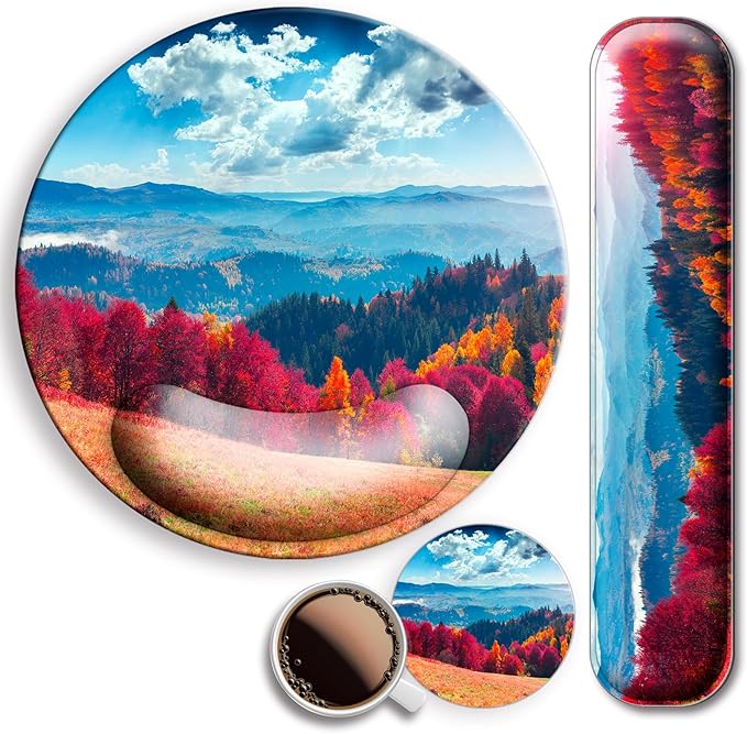 Mouse Pad and Keyboard Wrist Rest Support, with Non-Slip PU Base,Gel Mouse Pad with Coaster,Pain Relief for Gaming, Computer,Office -Autumn