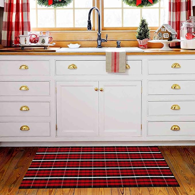 Buffalo Plaid Outdoor Rug Christmas Door Mat Christmas Decor Welcome Rug Cotton Hand-Woven Layered Door Mats for Front Porch, Kitchen, Farmhouse, Entryway (24"x51", Red/Black/White)