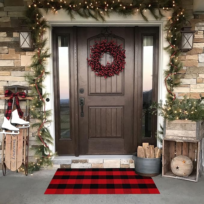 Christmas Plaid Outdoor Rug, 2' x 4'3'' Red & Black Check Indoor/Outdoor Area Rug, Layering Rug for Hello/Welcome Door Mat, Machine Washable Cotton Woven Rug for Farmhouse Front Porch, Entryway