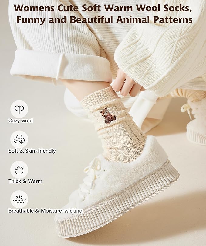 IIG Cute Warm Wool Socks for Women Super Cozy Thick Crew Winter Socks Gifts, 5 Pairs