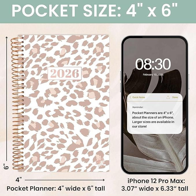 bloom daily planners 2026 Pocket Planner - 4” x 6” - (January 2026 - December 2026) - MINI Weekly/Monthly Agenda Organizer & Calendar Book - Tan Leopard