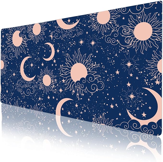 Colorful Star Starry Sky Large Mouse Pad, Celestial Moon and Sun Extended Gaming Mouse Pad Non-Slip Desk Mat, Leather Blue Keyboard Mat for Desktop Gaming Mousepad Accessories 31.5"x15.7"