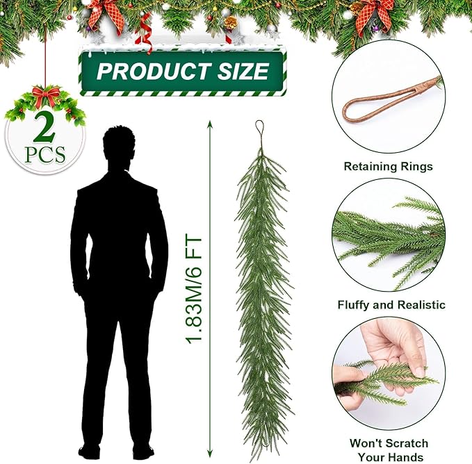 2 Pcs Christmas Norfolk Pine Garland, 6 FT Real Touch Norfolk Pine Garland Ornament, Christmas Artificial Greenery Cedar for Holiday Mantle, Table, Fireplace, Stair, Indoor, Outdoor Xmas Decorations