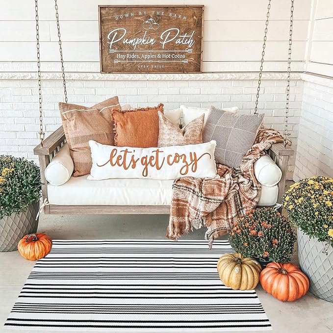 Black and White Striped Outdoor Rug Front Porch Rug 27.5"x43" Cotton Hand-Woven Welcome Mats Layered Door Mats for Front Porch/Entryway/Laundry Room/Bedroom/Outdoor