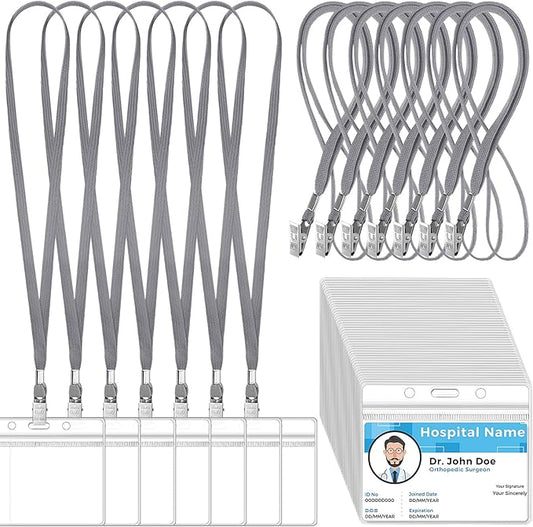 Marspark 50 Sets Clear Name Tags with Lanyard, Lanyards for ID Badges Reusable Strap with ID Holder Plastic Name Badges for Adults Business School Church Conference (Gray)