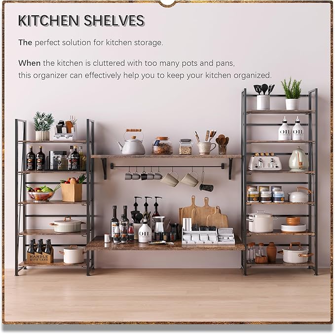 4NM No Assembly Folding Bookshelf, 6-Shelf 74" H Collapsible Foldable Bookcase Storage for Small Spaces, Rustic Brown and Black