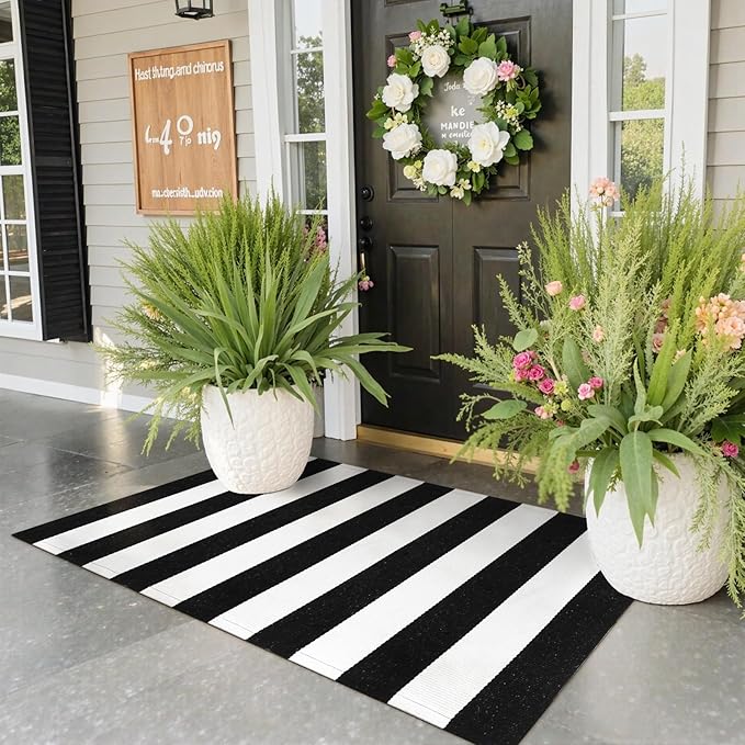 Collive Christmas Black and White Outdoor Striped Rug 24"x 51", Cotton Woven Front Porch Rug Decor, Washable Farmhouse Layered Welcome Mat Outdoor for Kitchen Entryway Entrance