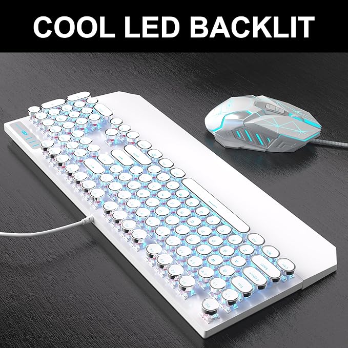 Retro Typewriter Keyboard and Mouse Combo, Cute White Keyboard with Linear Red Switches, Full Size Wired Mechanical Gaming Keyboard, Cool Light Up Keyboard and Mouse for Gaming,Work,Mac,PC,Windows