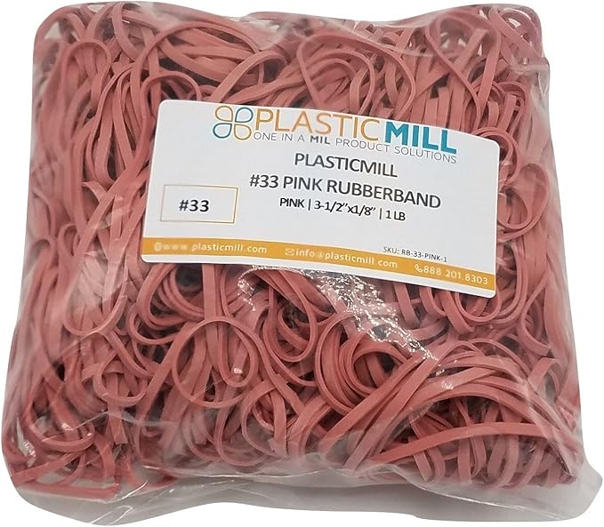 PlasticMill Pink Rubber Bands Size 33 (3 1/2" x 1/8") - #33 Colored Rubber Bands Office Supplies - Strong, Elastic Bands for Crafts, Balloon Garland, Cash, File Folders (1,000-Pack)