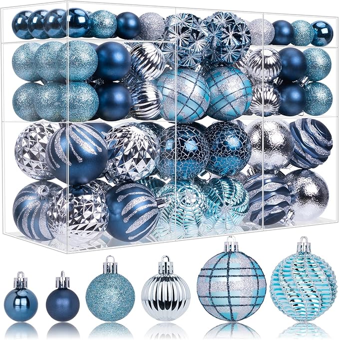 100ct Christmas Ball Ornaments Set, Blue and Silver Shatterproof Hand-Painted Hanging Baubles Decoration Bulk for Xmas Tree, Wreath, Garland, Home Holiday Decor