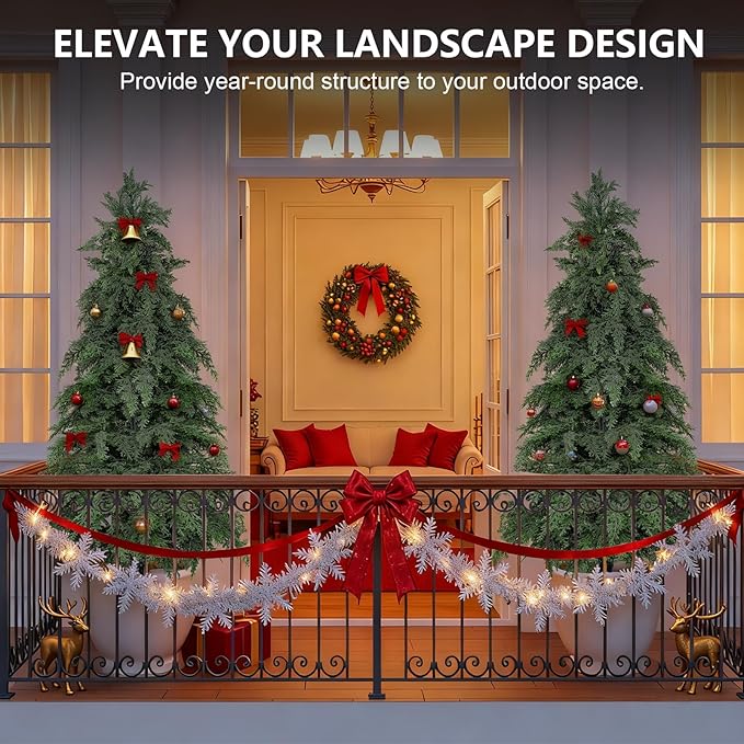 4FT Artificial Topiary Tree with Pot, 2 Pack Fake Evergreen Tree for Porch, Artificial Plants for Outdoor Christmas Home Garden Decor