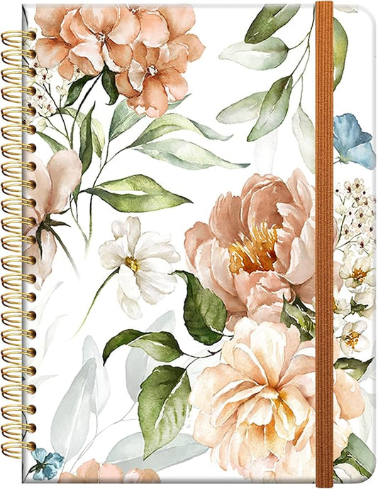 Ruled Spiral Writing Notebook,A5 Hardcover Lined College Journal for Women Lady Girl,Watercolor Floral Strong Twin-Wire Binding with Premium Paper,8.4" X 6",Perfect for School,Office,Home Gifts(Pink
