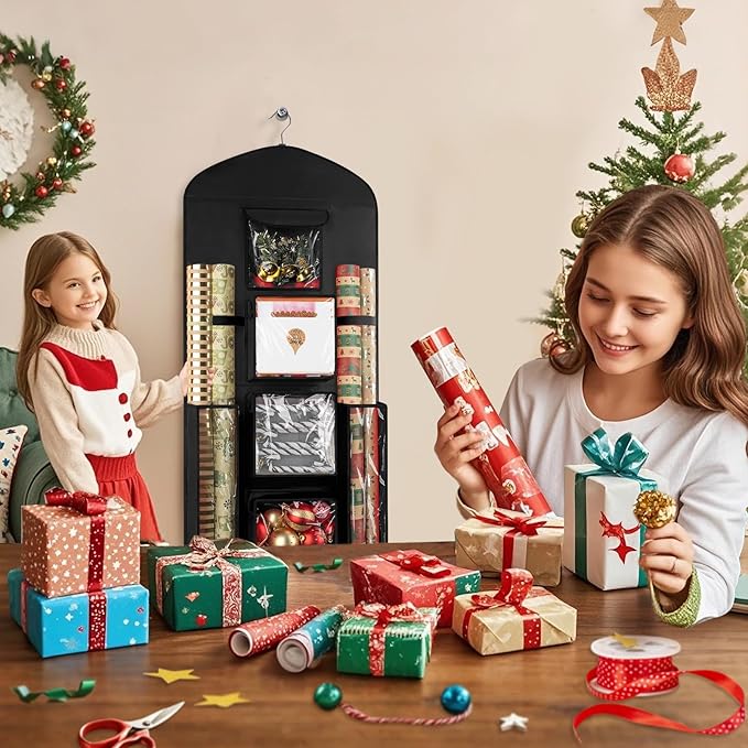 Hanging Gift Wrapping Paper Storage, 40"X17" Black Double-Sided Christmas Wrapper Bag Container, Oxford Craft Roll Organizer, Present Wrap Holder for Bedroom Closet, Door, Cabinet