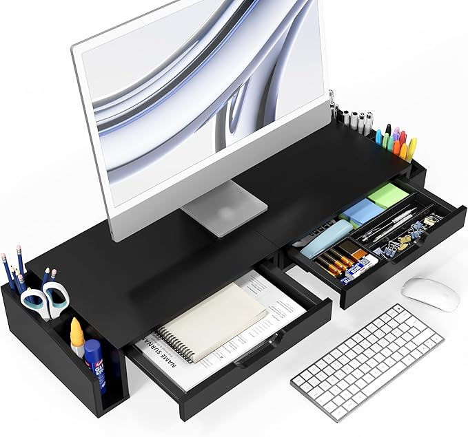 Simple Houseware Desk Dual Monitor Stand Riser with Pull-Out Drawers, Black