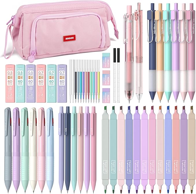 Nicpro 52 PCS Aesthetic School Supplies with Cute Pen Case, 12 Pastel Highlighter, 8 Color and Black Ink Gel Pens, 6 Ballpoint Pen, 6 Mechanical Pencils Set for Student Stationary College Essentials