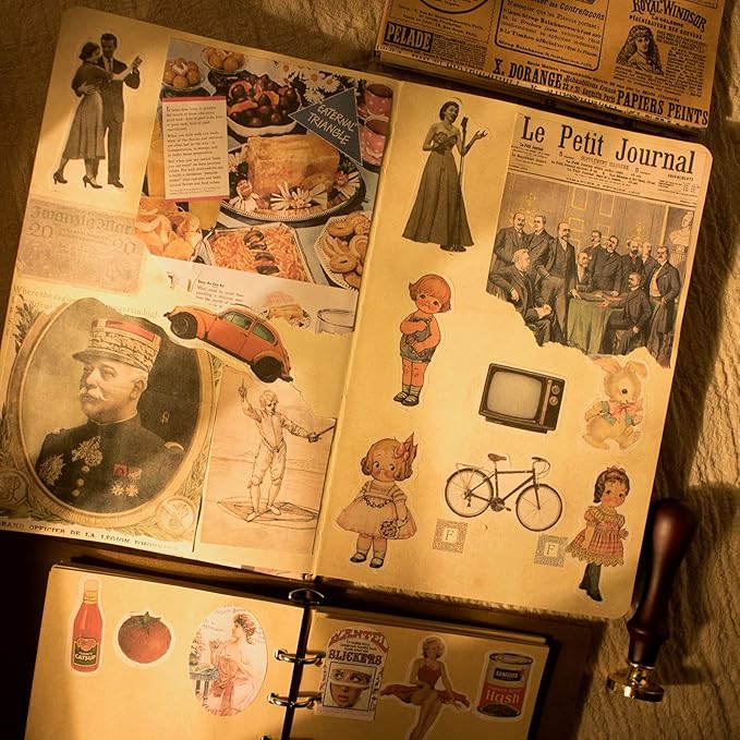 200Pcs Vintage Scrapbook Stickers, Aesthetic Junk Journal Stamping Supplies Kit, Scrapbooking Ephemera Washi Paper for Bullet Journaling Planners Diary Collage (Nostalgic)