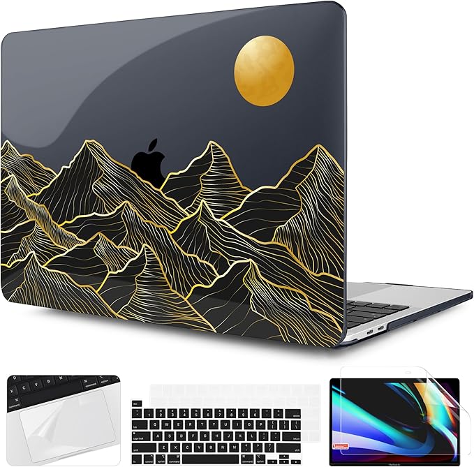 TWOLSKOO Compatible with MacBook Pro 13 inch Case 2023-2016 A2338 M2/M1 A2251 A2289 A2159 A1989 A1706, Plastic Hard Shell Cover & Keyboard Skin & Screen Protector - Golden Mountain