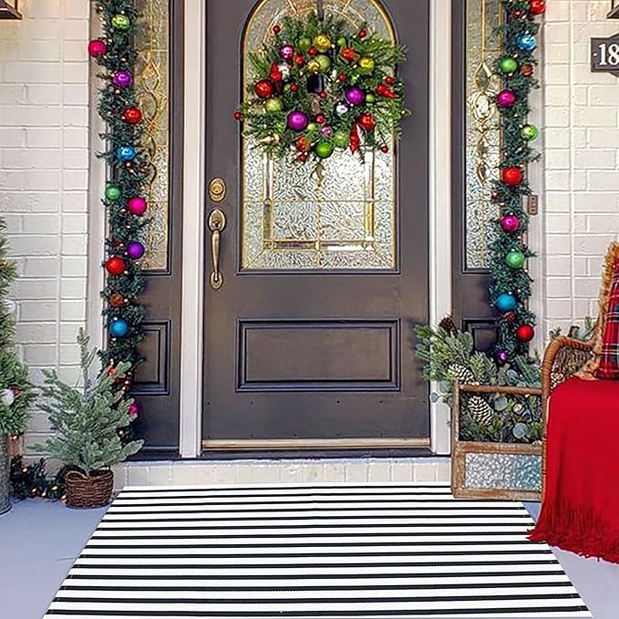 Black and White Striped Outdoor Rug Halloween Door Mat 27.5" x 43" Front Porch Rug Farmhouse Fall Layered Door Welcome Mat for Entryway/Home Entrance/Laundry Room