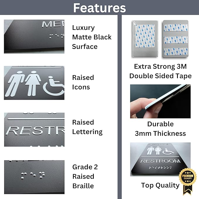 Unisex Restroom signs for business with No Smoking Sign, Brushed Acrylic Bathroom Signs, ADA Compliant with Grade 2 Braille, Raised Icons, Double Sided 3M Tape for Office Toilet Door & Wall 6x9" (2 Pack Restroom Sign)