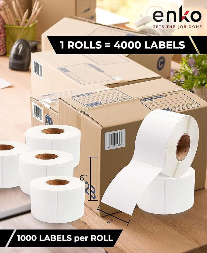 enKo 1 Roll 4" x 6" Direct Thermal 1000 Labels 3" Core - Address & Shipping Labels Compatible for Industrial Printer Zebra 220Xi4 ZT200 ZT400 ZT510 ZT600 Datamax NATO Intermec