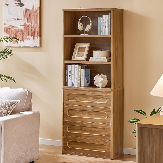 Bookcase with 4 Drawers, 72.1" Tall Bookshelf with 3 Storage Shelves, Large Bookshelves Cabinet for Living Room, Bedroom, Home Office (Oak Brown)