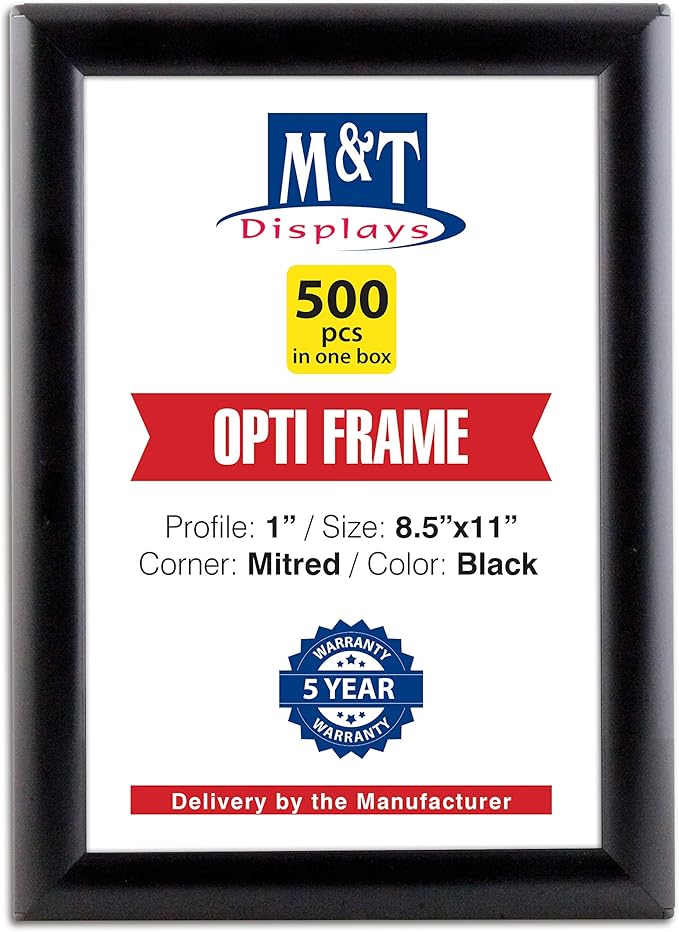 M&T Displays Opti Snap Poster Frame 8.5x11 Inch Black 1" Aluminum Profile Front Loading Wall Mounting Photo Picture Document Certificate Sign Holder Mitered Corner Anti Glare Cover (500 pack)