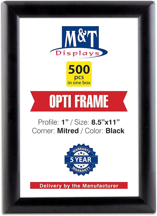 M&T Displays Opti Snap Poster Frame 8.5x11 Inch Black 1" Aluminum Profile Front Loading Wall Mounting Photo Picture Document Certificate Sign Holder Mitered Corner Anti Glare Cover (500 pack)