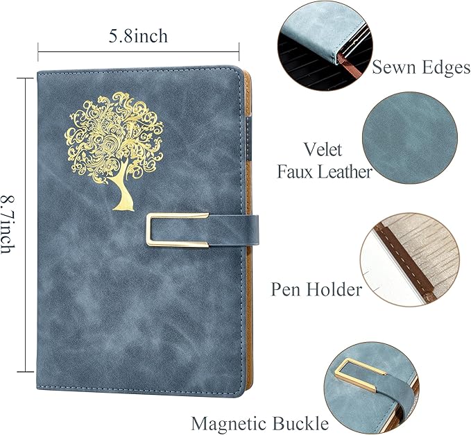 Fanery Sue Tree of Life Journal for Women&Men Refillable Writing A5 Journals for Writing with 200 Pages 100Gsm Paper Lay-Flat Faux Leather Hardcover Notebook with Pen&Magnetic Buckle(Elegant Blue)
