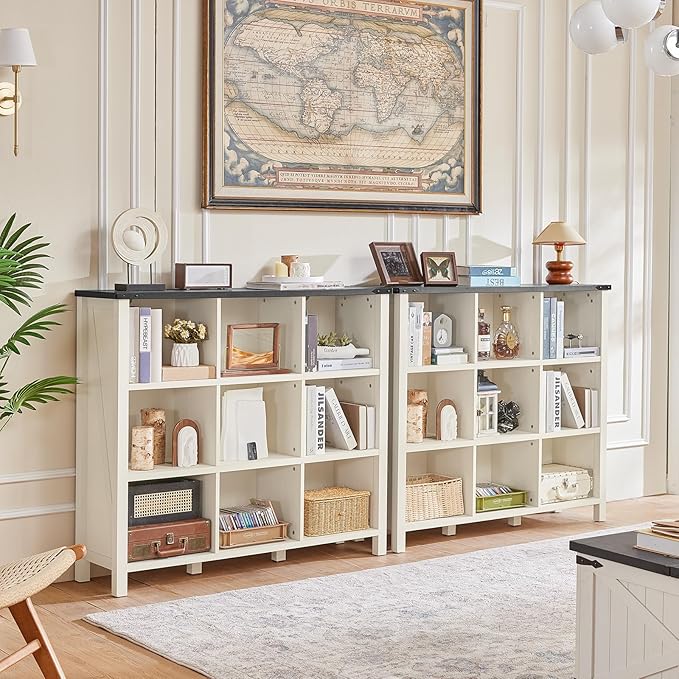 9 Cube Bookcase, Farmhouse 47 Inch Wide White Bookshelf, Wooden 3 Tier Display Large Open Book Shelf, Vintage Horizontal Book Case for Home Office, Cubby Storage Cabinet for Living Room