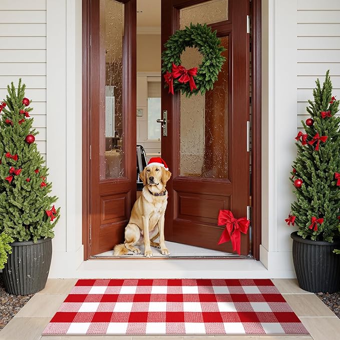 Christmas Front Door Mat 24"x51", Red/White Buffalo Plaid Outdoor Rug Runner, Cotton Hand Woven Washable Front Door Rug, Reversible Layered Rugs for Entryway Porch Decor Home Entrance