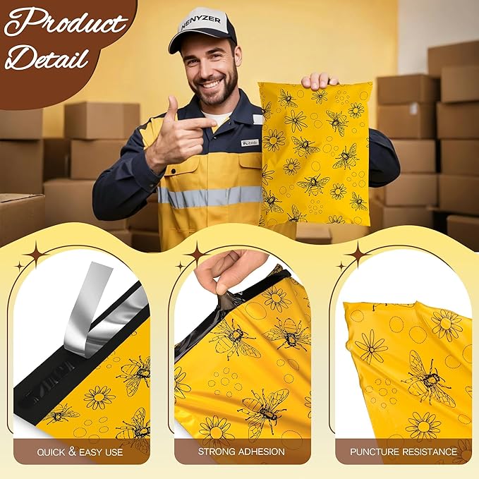 Bees Poly Mailer 12x15.5 Inch 50 Pcs, Waterproof Shipping Bags for Clothing, Tear-Resistant Mailier Bags, Strong Mailing Bags with Self-Seal