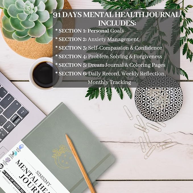 Mental Health Journal, 91-Day Self Care Journal for Women Men, Guided Anxiety & Stress Relief Journal with Mood Tracker, Cognitive Behavioral Therapy Journaling with Mental Health Coloring Pages & Dream Log